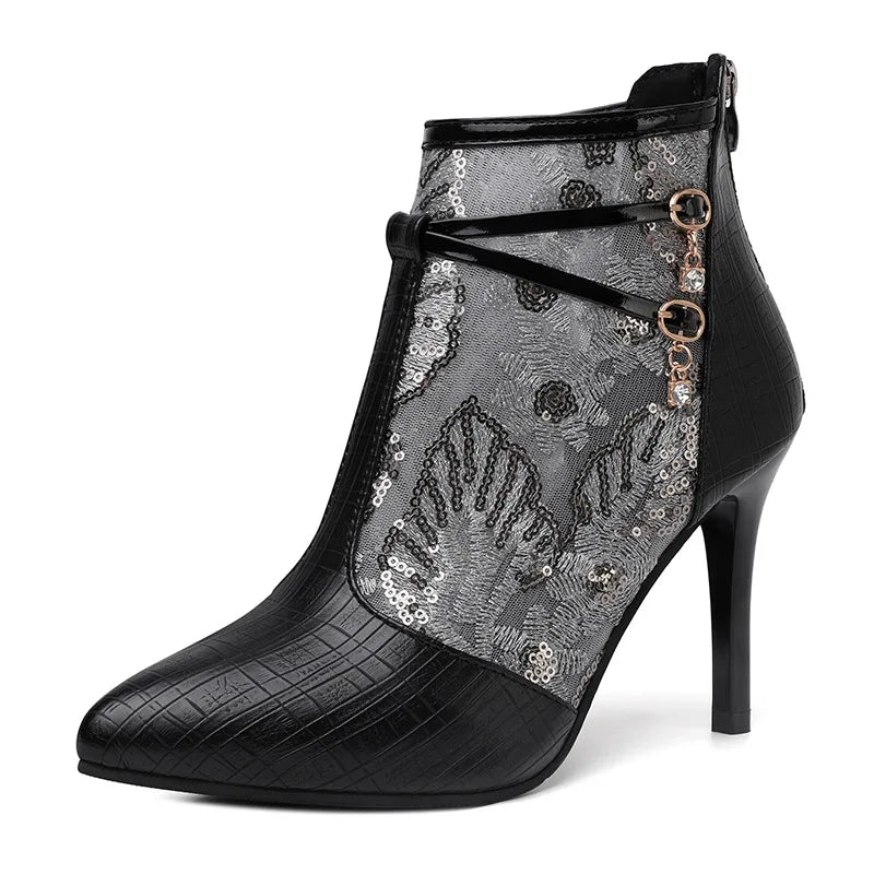 Boots Shoes Round Toe Boots-Women Zipper High Heel Lolita Rubber Pointy 2024 Ladies Ankle Rock Solid Spring Lace-Up PU Retro Po