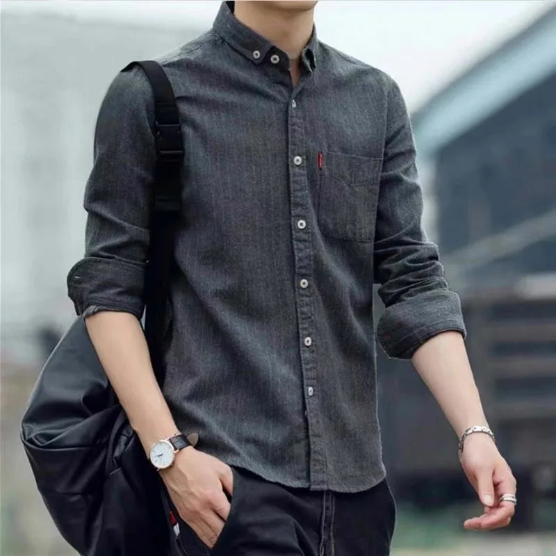 Oxford Cloth Long Sleeve Casual Shirt Thin Summer Men's Fashion Striped Shirt Versatile Loose Fit Sharp Collar Wool Blend