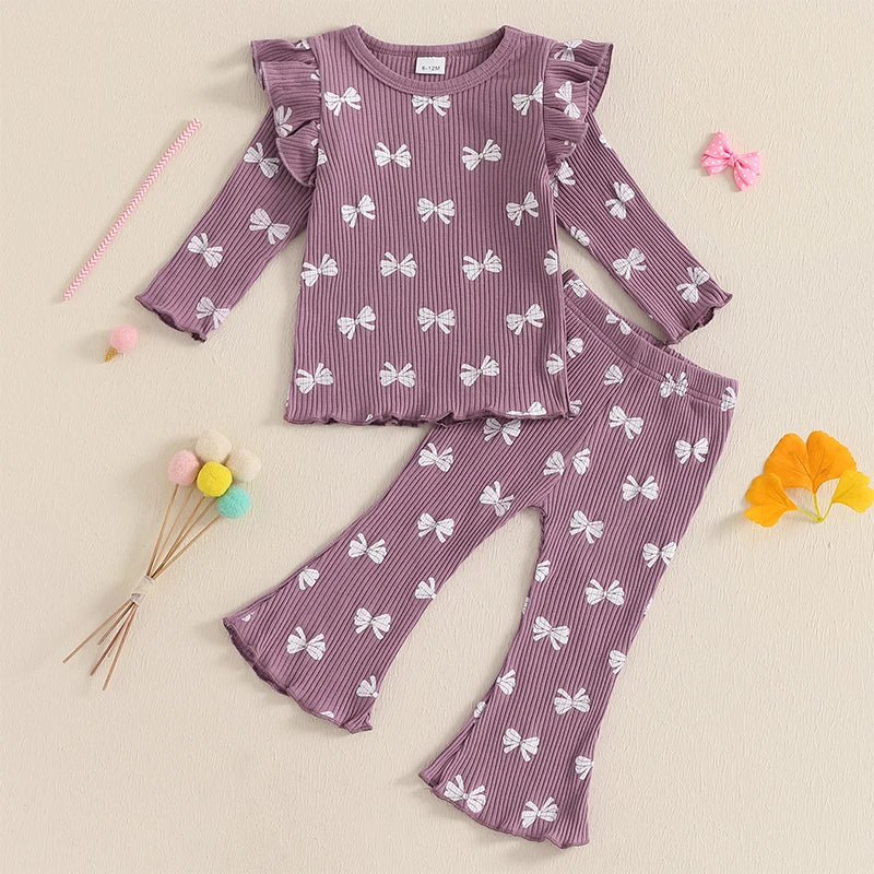 Pudcoco Kid Infant Baby Girls Pants Set, Bow Print Long Sleeve Crew Neck T-shirt with Flare Pants Fall Outfit 6M-4T