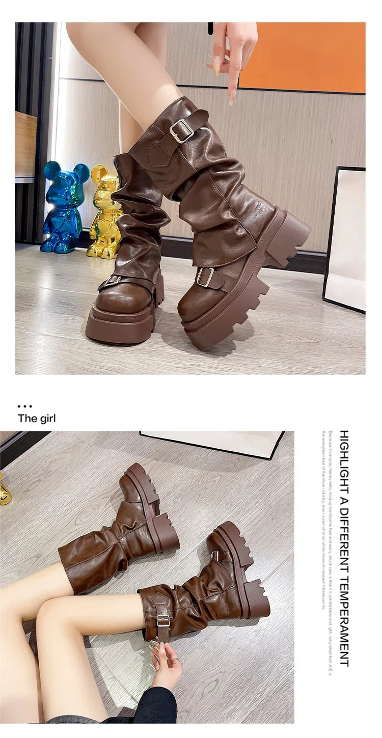 Women's Boots Brown Maillard Retro New Spring Autumn Height Increasing Comfortable Anti Slip Fashion Belt Buckle Boots 2025