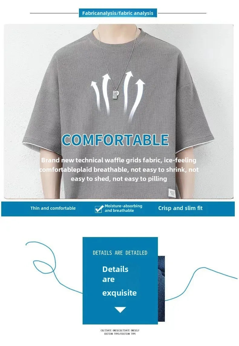 Casual Summer Sports Wear Loose-Fit Men's Suit Korean Trendy Short Sleeves T-shirt 2-Piece Set Lightweight Fashionable Streetwea