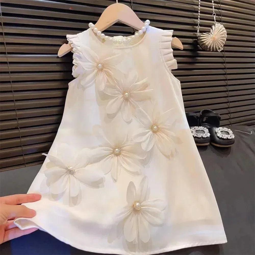 Summer New Girls' Casual Clothes Pleated 3D Flower Sleeveless Princess Dress Korean Version Solid Color Children 2-12 Years Old