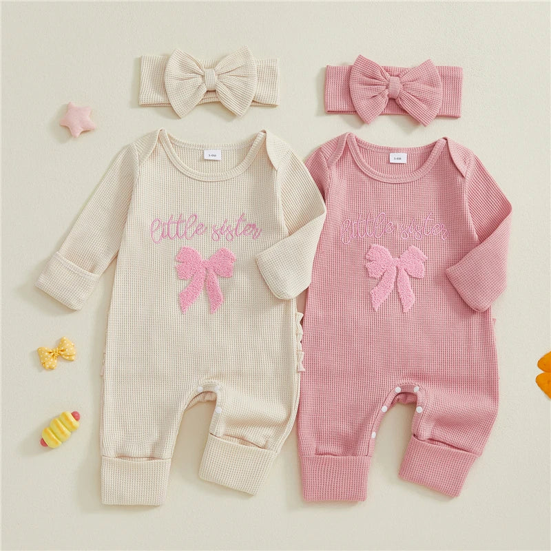 Newborn Baby Girls 2Pcs Fall Romper Outfits Long Sleeve Round Neck Bow Letter Embroidery Jumpsuit with Headband Set