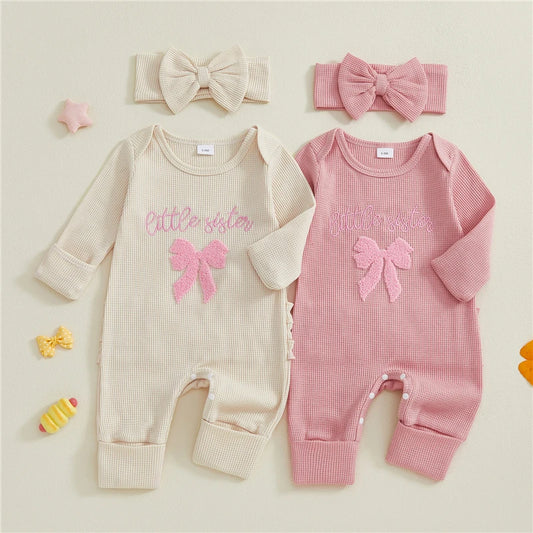 Newborn Baby Girls 2Pcs Fall Romper Outfits Long Sleeve Round Neck Bow Letter Embroidery Jumpsuit with Headband Set