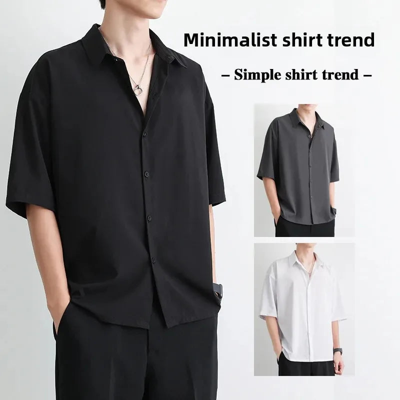 Men's Summer Loose Thin Ice Silk Short Sleeve White Shirt Half Sleeve Open Cardigan Breathable Korean Style Casual Top