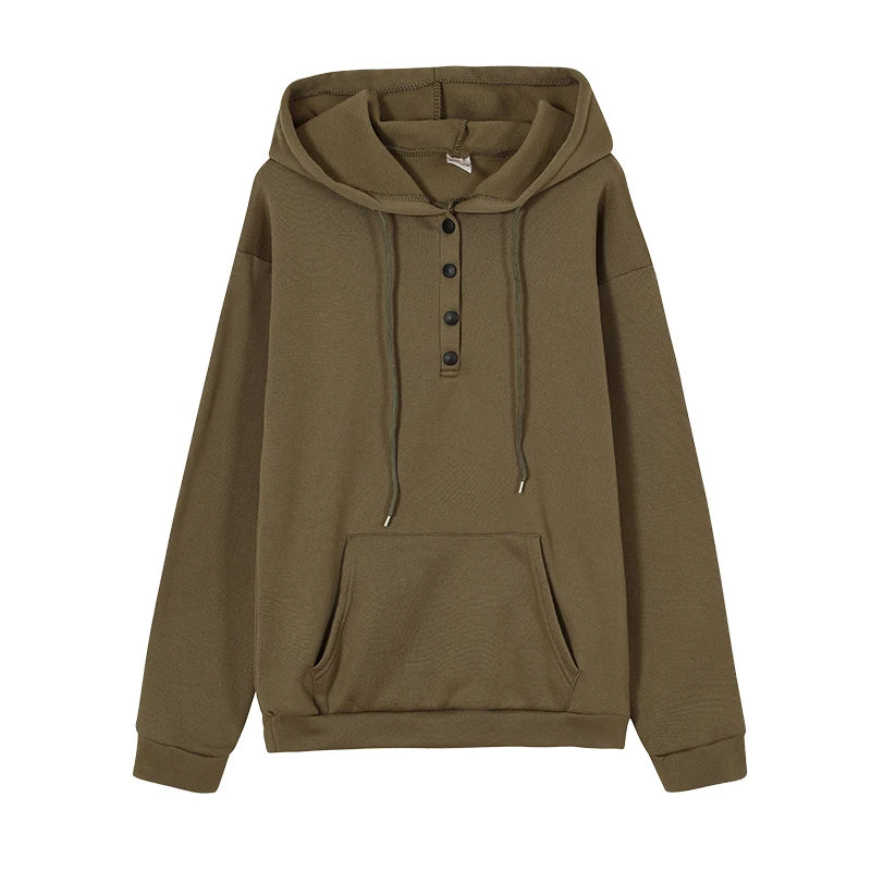 2023 Fashion Trend Long Sleeve Loose Casual V-collar Button Hooded Drawstring Pocket Hoodie