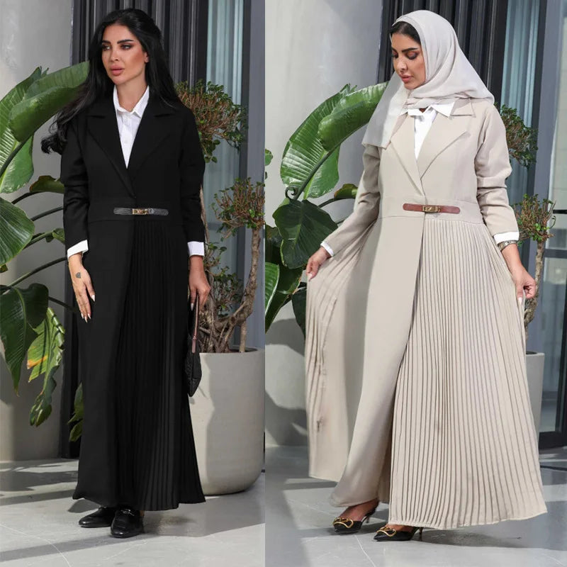 Abaya Cardigan Long Robe Pleated Jacket Muslim Arabic Fashion Leather Button