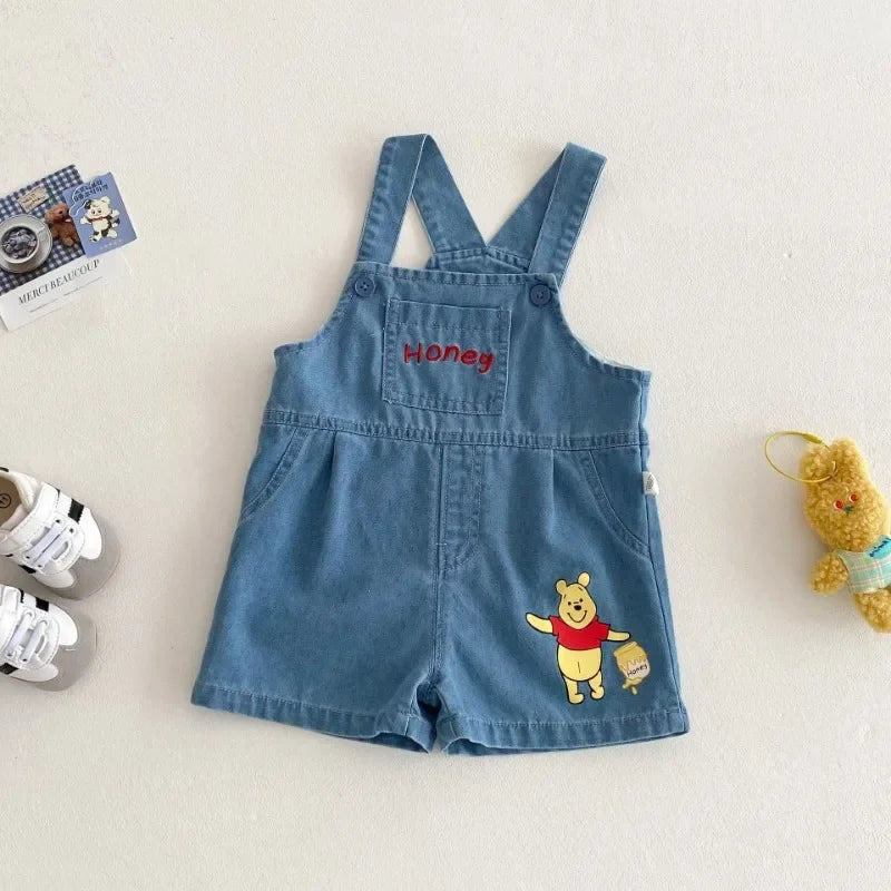 Baby Cartoon 2pcs Set for Summer Winnie Bear Short Sleeve T-shirt Loose Denim Straps Shorts Girl and Boy Clothes Set