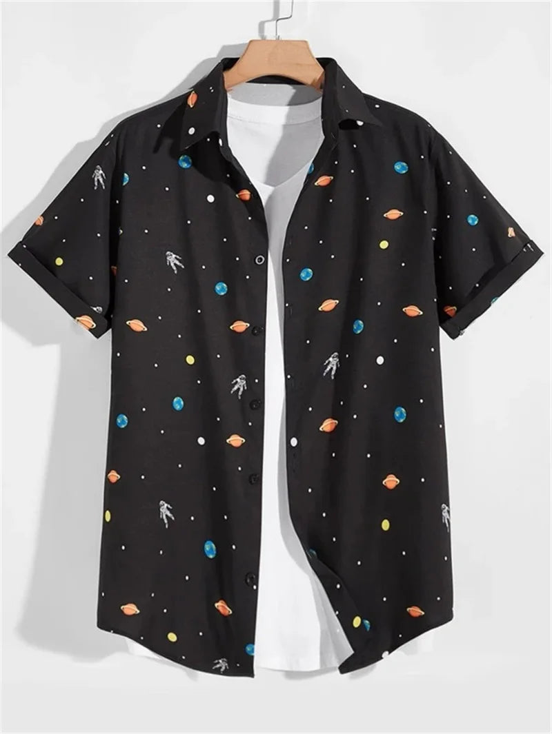 Men's astronaut printed shirts 2023 summer Hawaii short sleeved shirt Men's beach breathable tops Outdoor street men's clothing