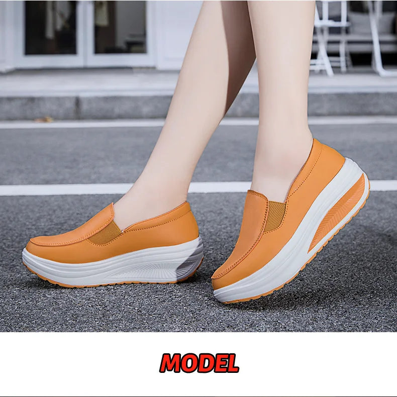 Women's Shoes Spring Genuine Leather Soft Outsole Work Shoes Female Black Swing Shoes Woman Plus Size Wedges Single Shoes