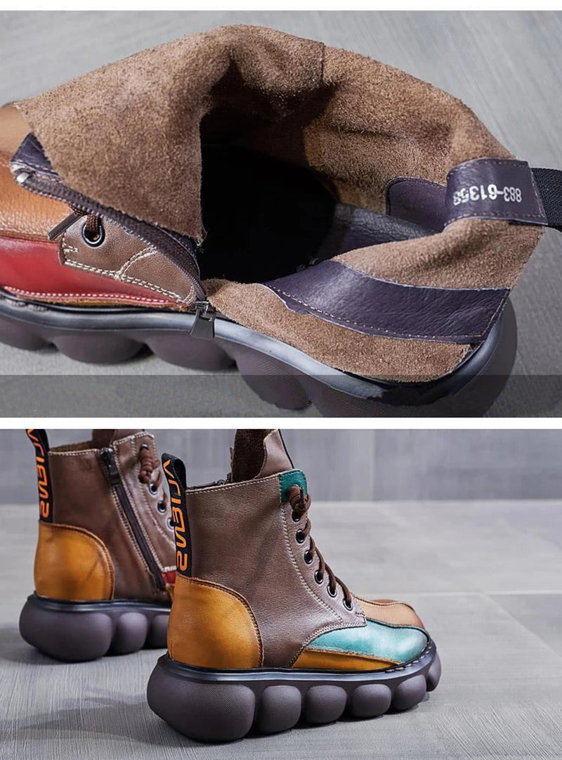 New Autumn Boots Women Mixed Colors Shoes Fashion Round Toe Lace Up Casual Thick-soled Ladies Flat Platform Short Boots