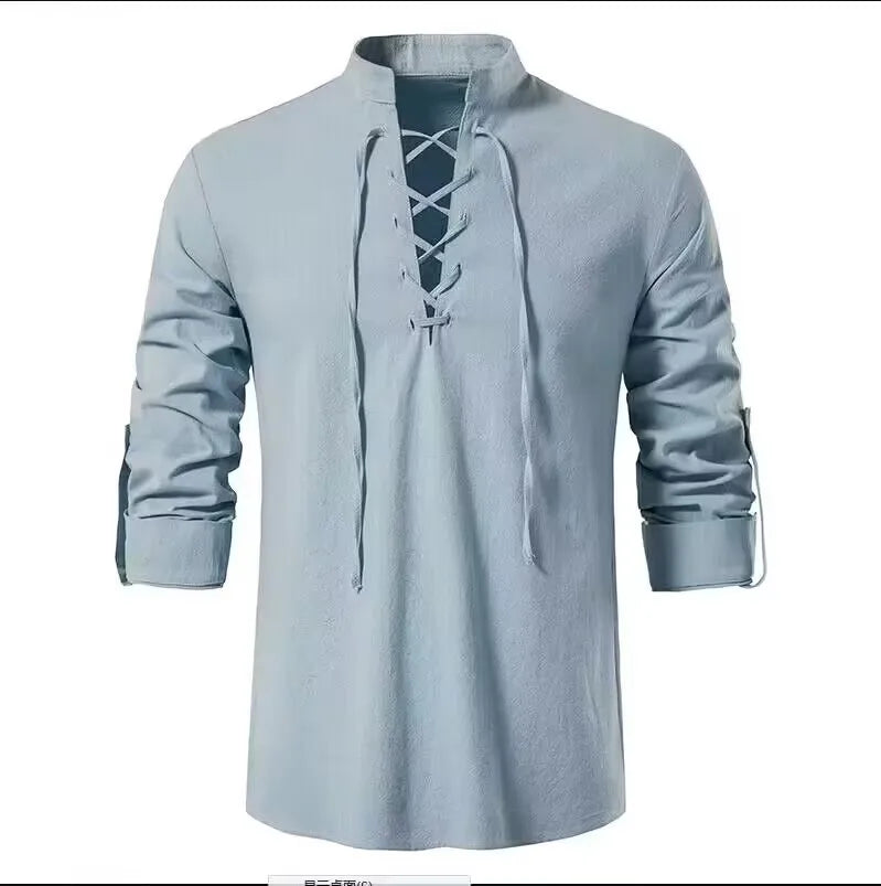 Men Cotton Linen Lace Up Long Sleeve Solid Blouse Shirts Summer Male Solid Loose Pullover Blouse Tops ARJ-A1776
