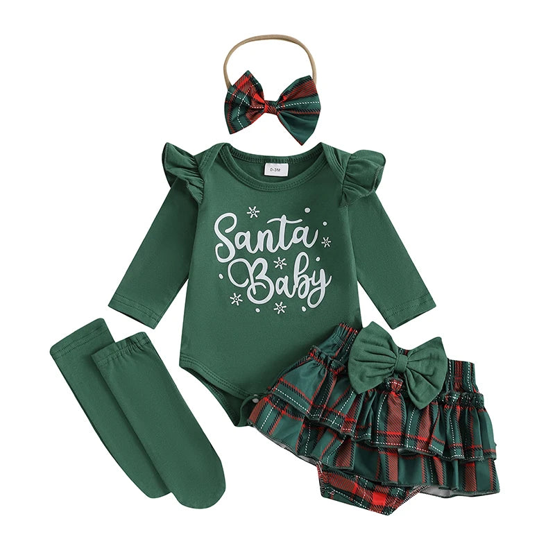 2024-08-20 Lioraitiin Christmas Infant Baby Girl Outfit Letter Ruffle Long Sleeve Romper Plaid Layered Ruffle Shorts Clothes