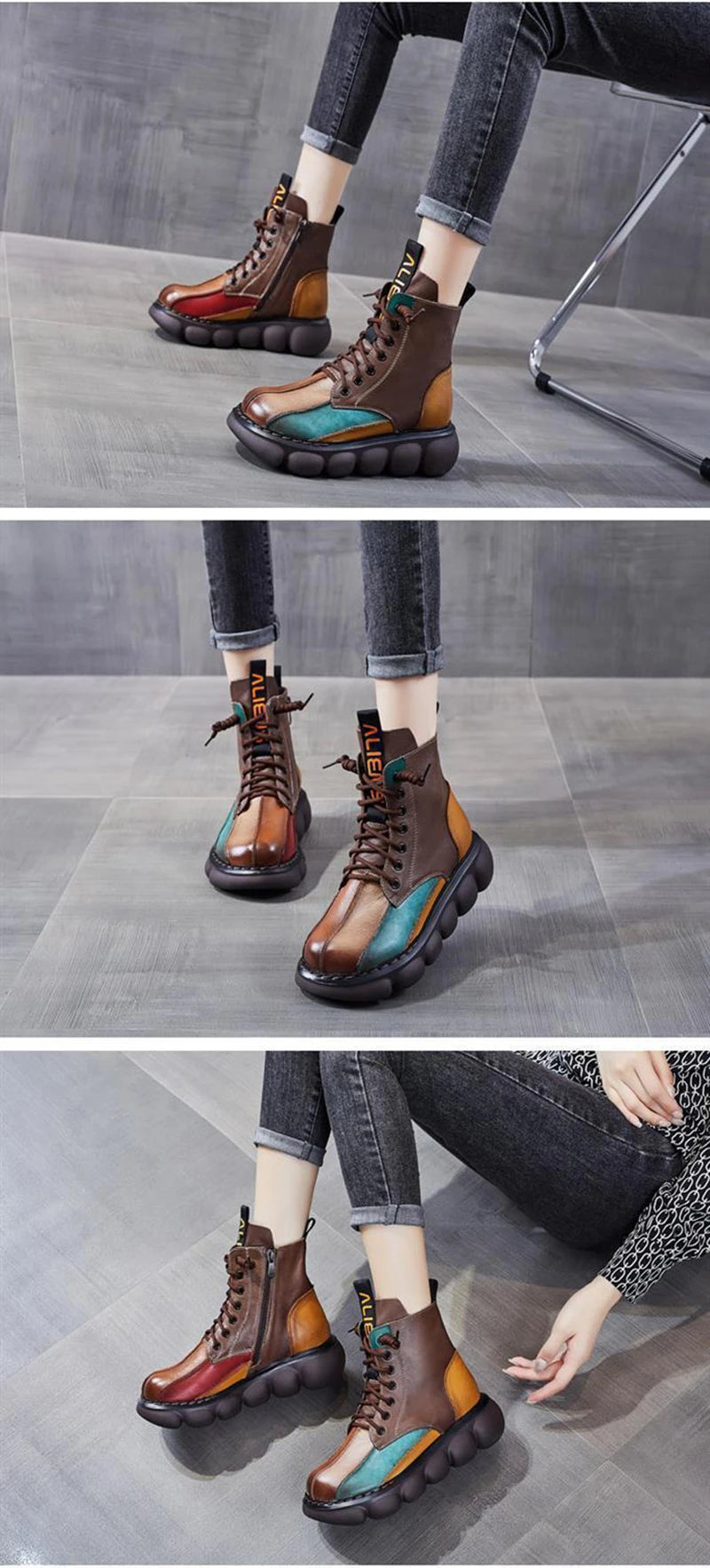 New Autumn Boots Women Mixed Colors Shoes Fashion Round Toe Lace Up Casual Thick-soled Ladies Flat Platform Short Boots