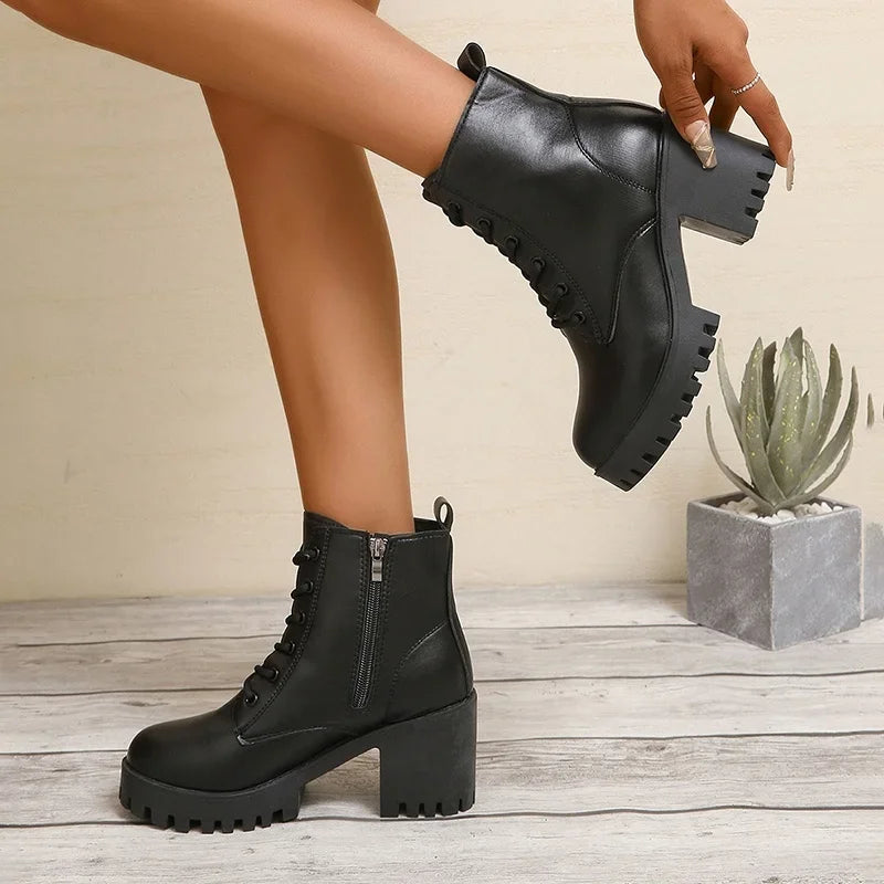 Fashionable New Comfortable and Wear-resistant Women's Work Boots Winter Elegant Solid Color Round Toe Lace Up Short Boots