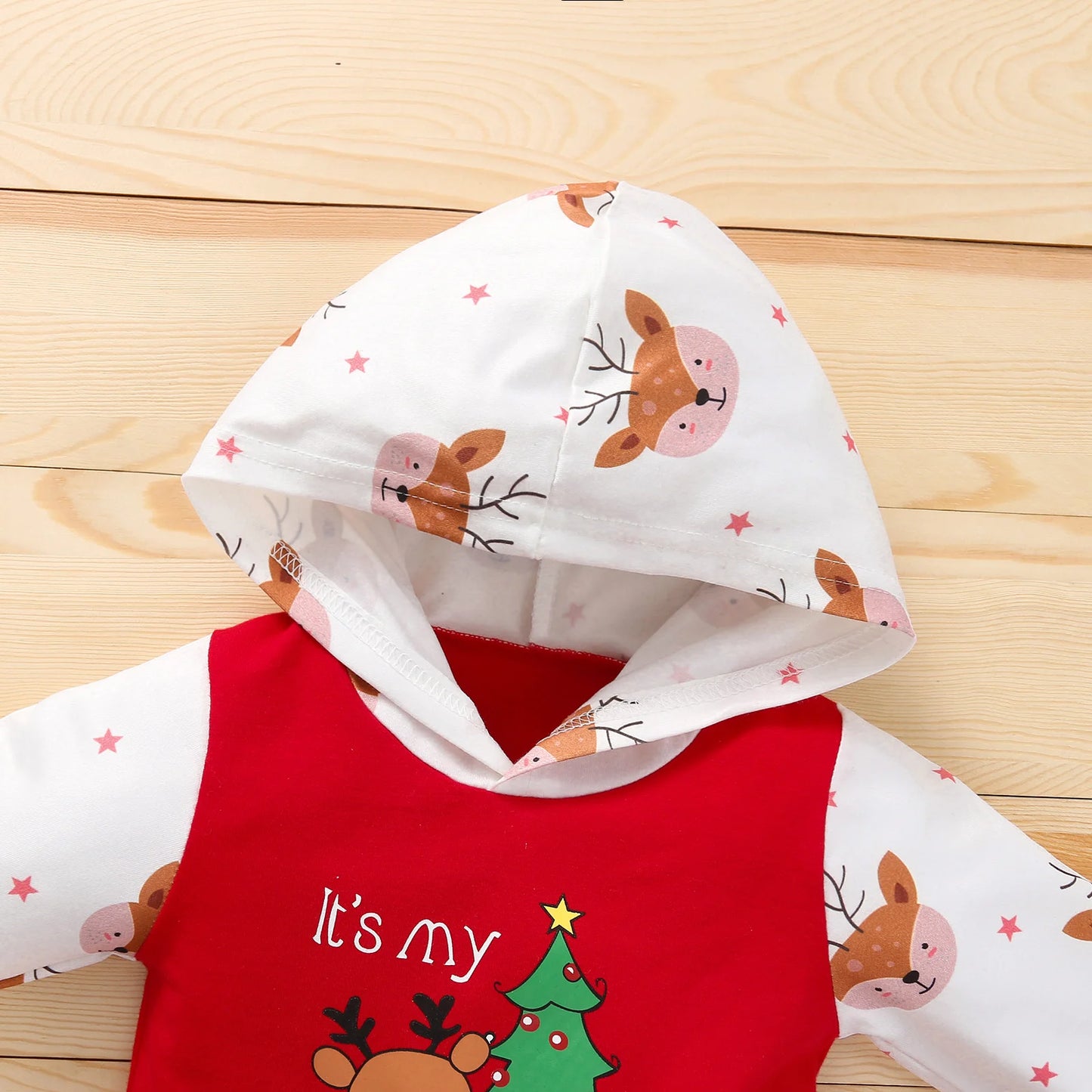 Unisex Baby Christmas Printed Romper Long Sleeve Hooded Jumpsuit with Front Pocket