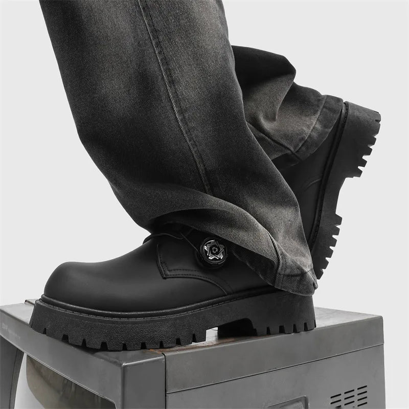 2025 Mens British Retro Wide Round-Toe Derby Shoes Chunky Platform Casual Leather Boots Trendy Streetwear Footwear for Wide Feet