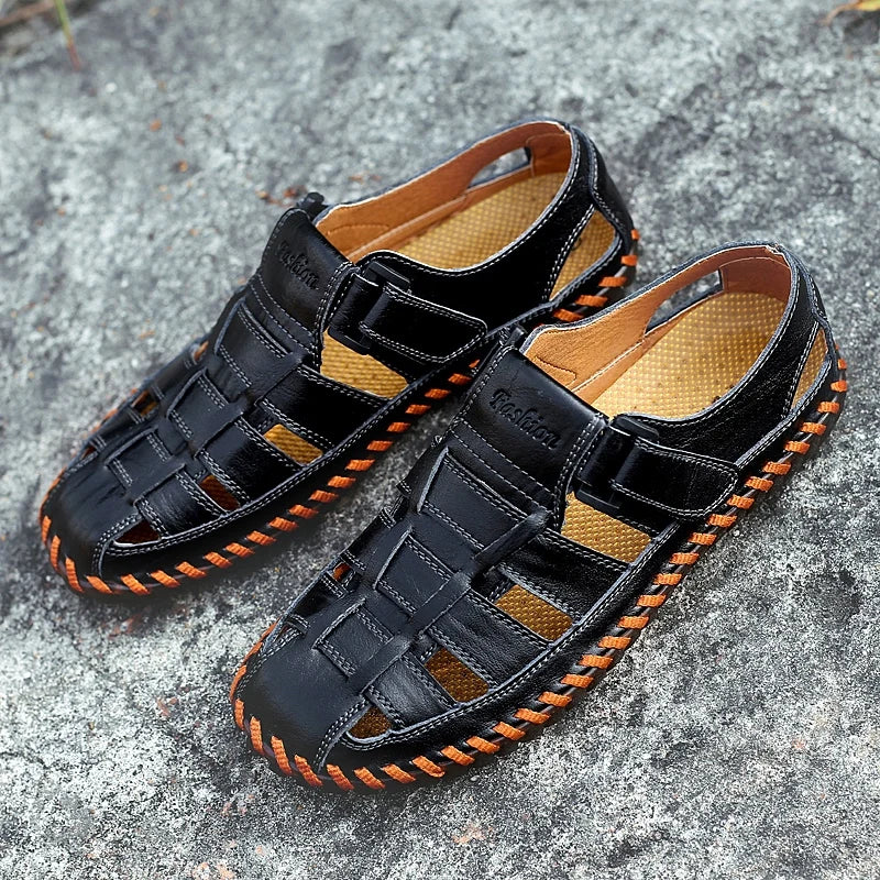 2024 Classic Brand Trend Brown Men's Sandals Handmade Soles Durable Men's Camping Beach Shoes Anti Slip Hollow Casual Shoes