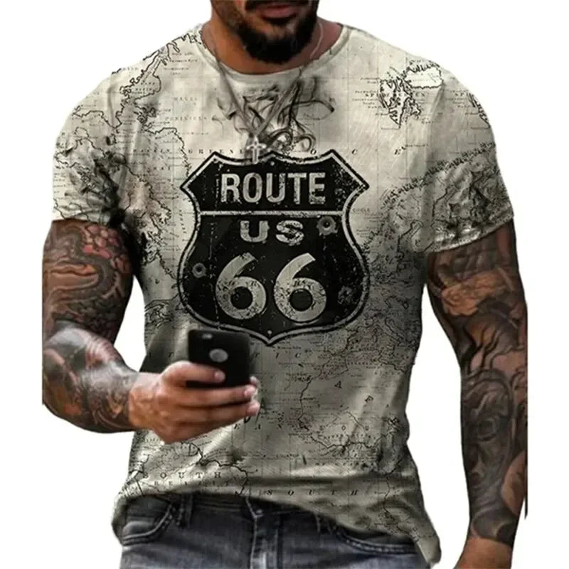Retro America Route 66 3D Printed Men's T-shirts Vintage Loose Men Clothing Summer Round Neck Short Sleeve Unisex Tops Tees 4XL