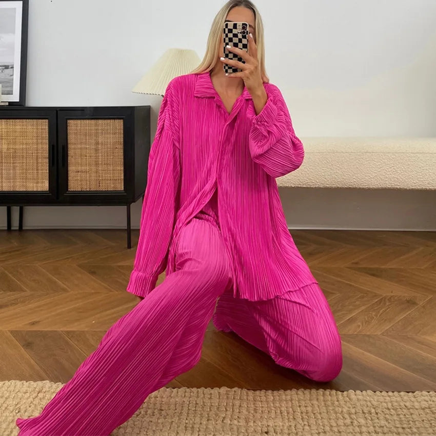 CM.YAYA Pleated Women's Set Long Sleeve Shirt Tops and Straight Wide Leg Pants Elegant Tracksuit Two 2 Piece Set Fitness Outfits