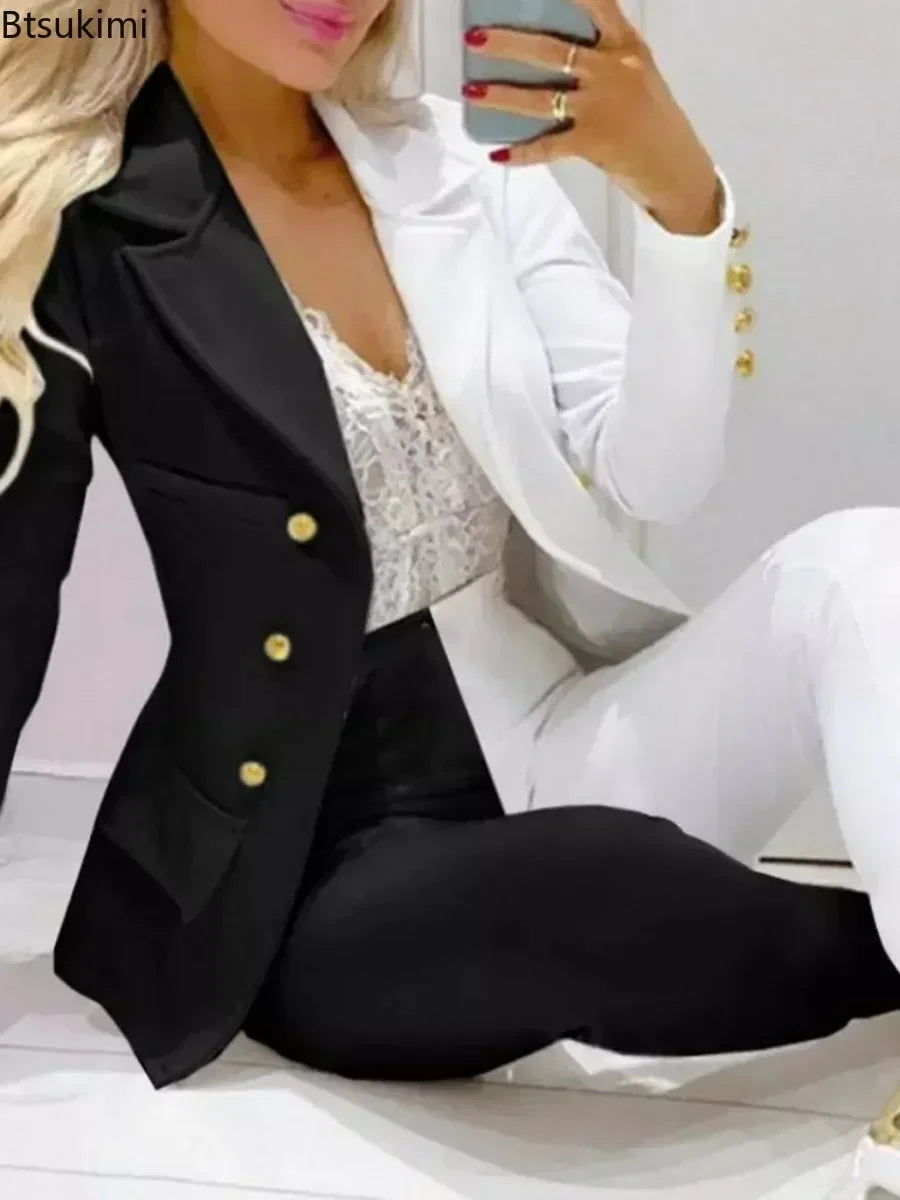 2025 Spring Autumn Two Piece Set Women Office Tracksuits For Ladies Outfits Lapel Collar Double Breasted Blazer Suit Pants Set