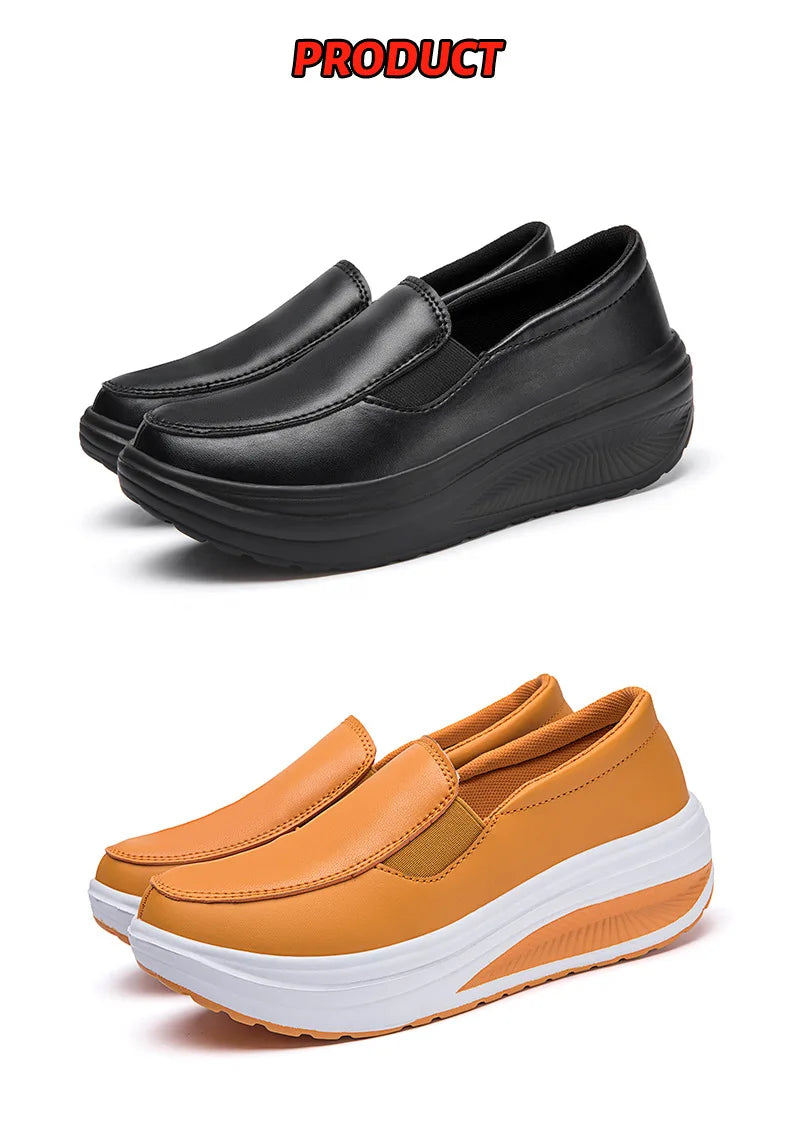 Women's Shoes Spring Genuine Leather Soft Outsole Work Shoes Female Black Swing Shoes Woman Plus Size Wedges Single Shoes