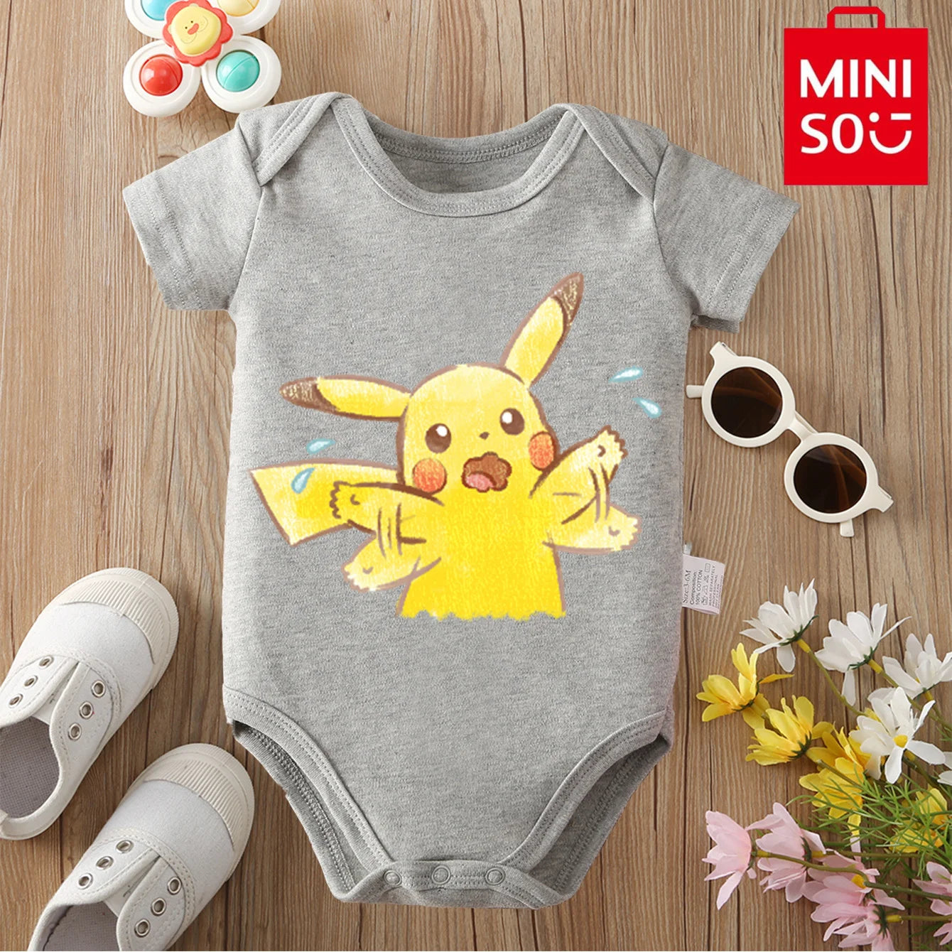 MINISO Pure Cotton Cute Pokemon Pikachu Print Bodysuit Baby Soft Cloths Gift for Baby Onesie Jumpsuit for 0 To 12 Months Newborn