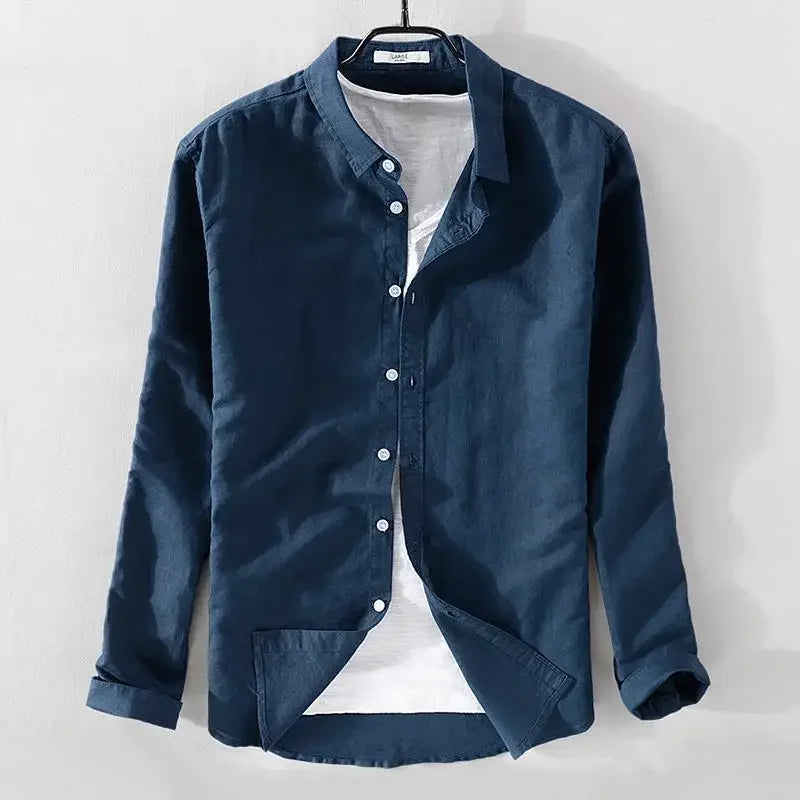 Men's Long Sleeve Casual Linen Shirt Solid Color Loose Fit Breathable Cotton Linen Fabric Square Collar Trendy Youth Style