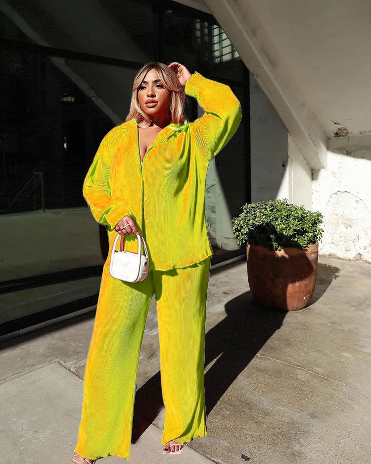 CM.YAYA Pleated Women's Set Long Sleeve Shirt Tops and Straight Wide Leg Pants Elegant Tracksuit Two 2 Piece Set Fitness Outfits