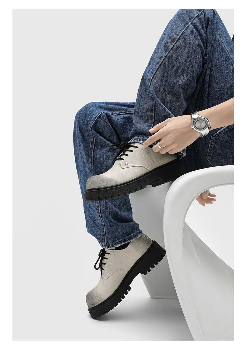 New Mens Derby Shoes British-Style Big Round-Toe Chunky Platform Sneakers Original Breathable Casual Shoes for Streetwear &Daily