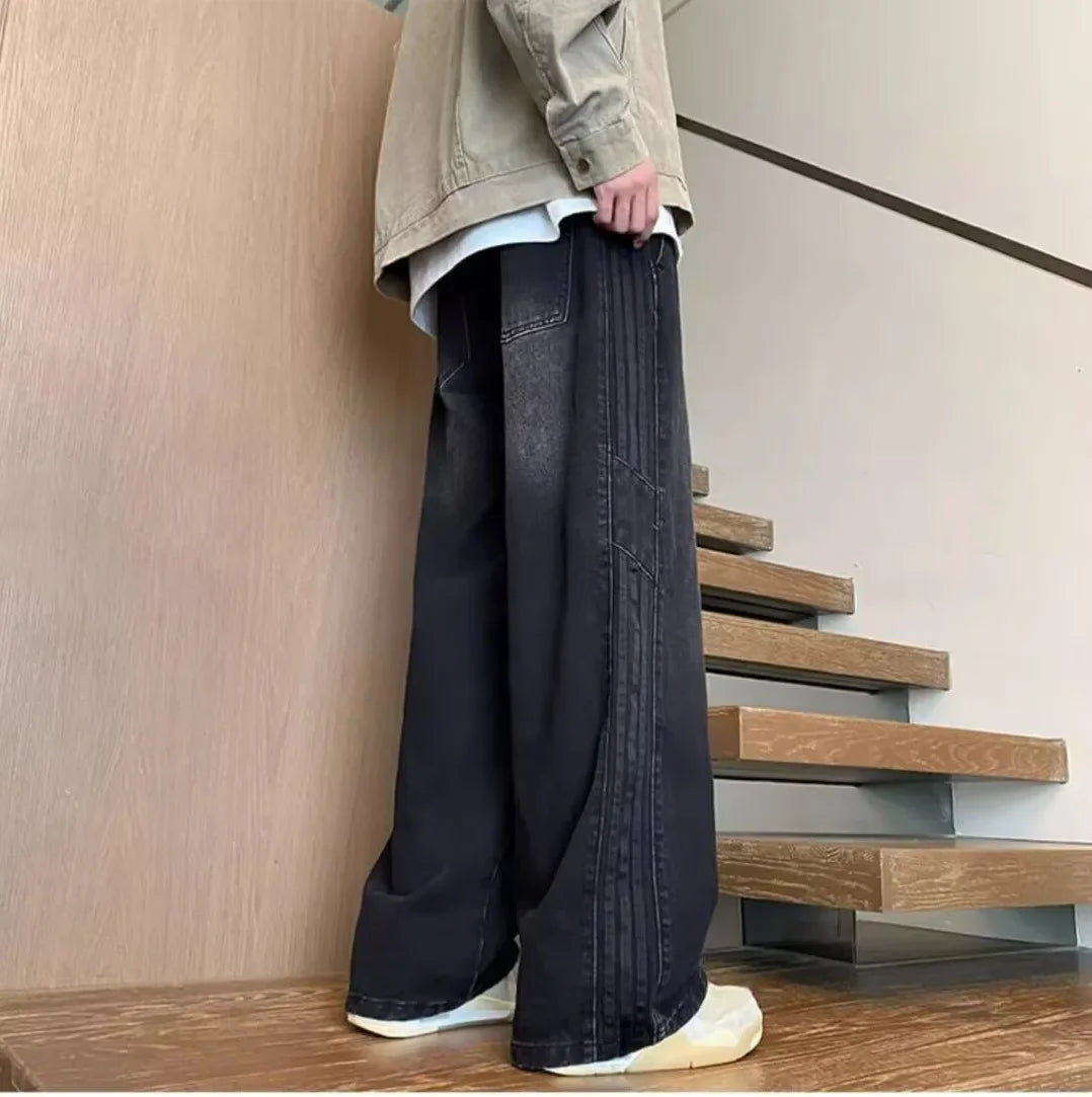 American Style Retro Men's Straight Leg Jeans Spring Autumn Trendy High Street Loose Wide Leg Long Pants Water Washed