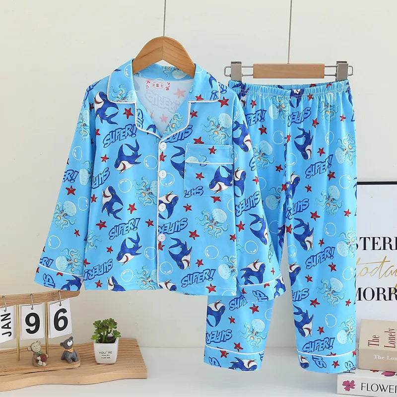 Cartoon New Spring Autumn Children's Pajamas Set Girls Boys Teenagers Stitch Long-sleeved and Pants Outside Home Clothes Set