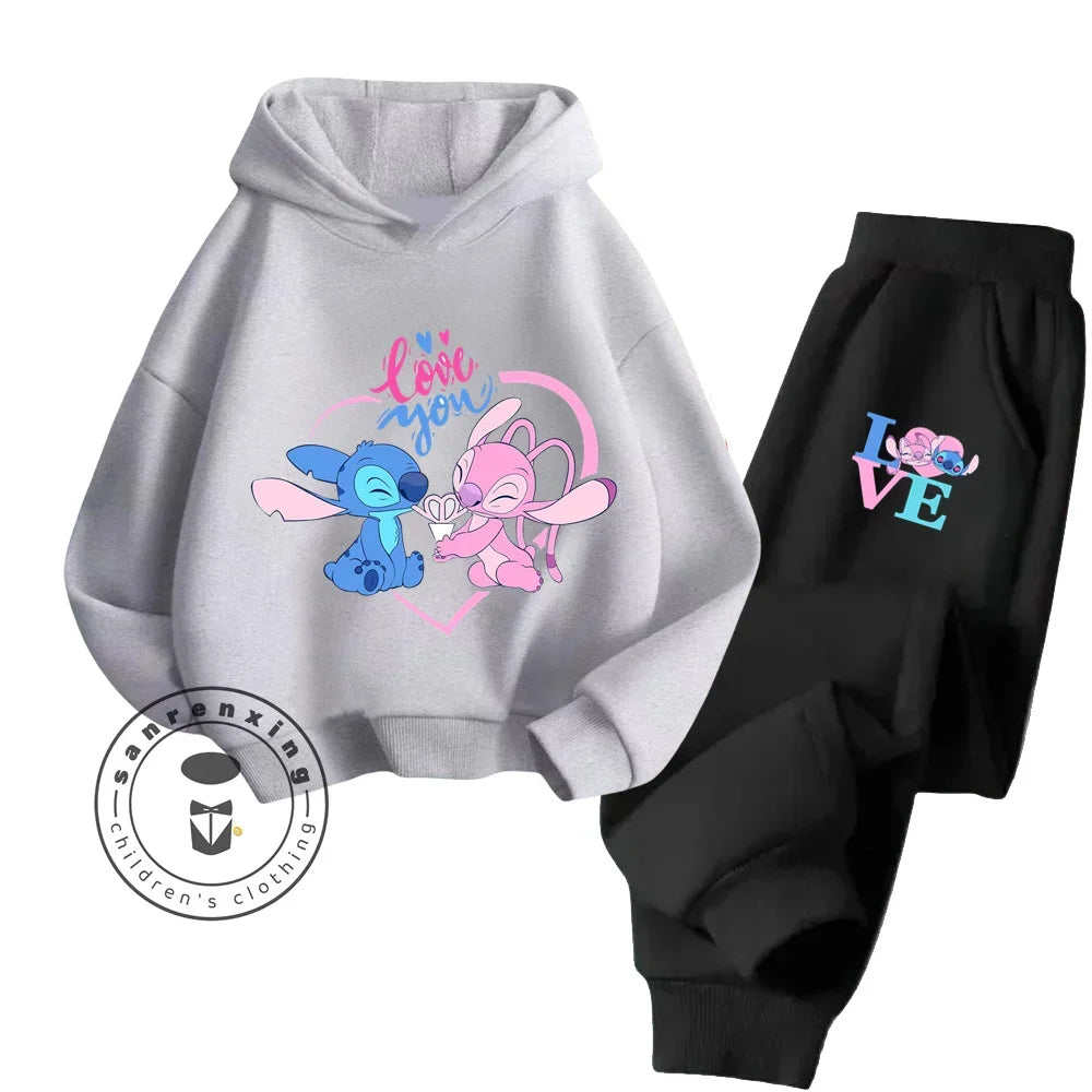 Cartoon Stitch Children Hooded Sweatshirt+Pants Two-piece Set Boy Girl Autumn Winter Daily Outdoor Vacation Warm Soft Sportswear