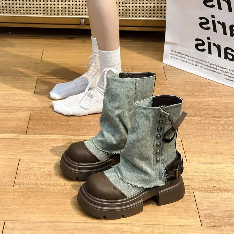 Women Boots British Fashion Pants Leg Boots  New Thick Soled Rivet Zipper Belt Buckle Platform Anti Slip Cowboy Short Boots