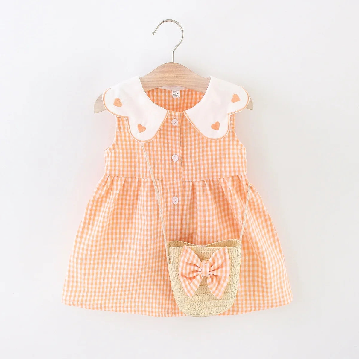 2 Pcs Summer New Dress Girl's Sleeveless Lace Heart Collar Sweet and Beautiful Plaid Button Cotton Cloth Dress