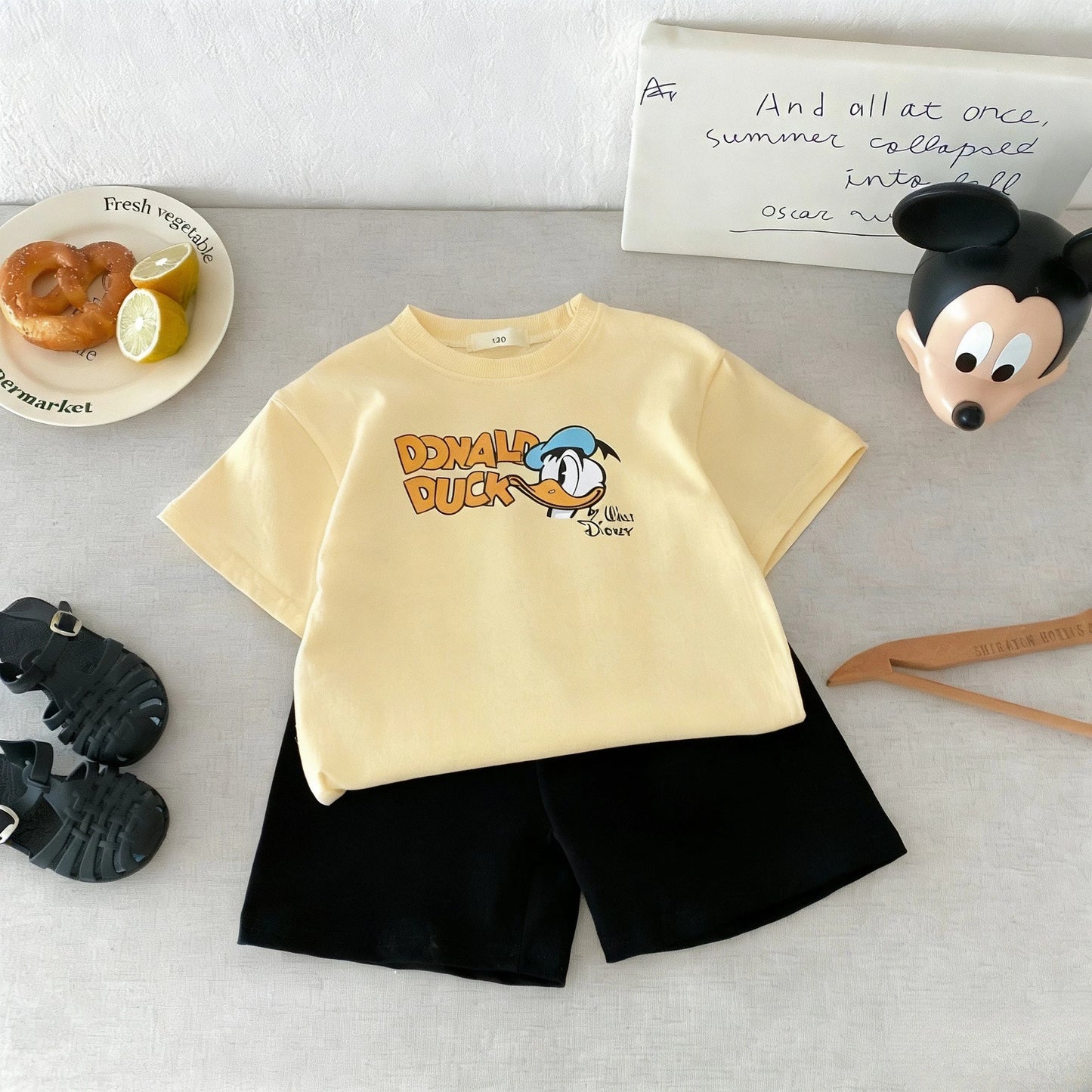 Donald Duck Pattern Children Cartoon T-shirt Set Summer Clothing Disney Print Short Sleeve Suit Casual Tracksuit Outfits 1-7 Age