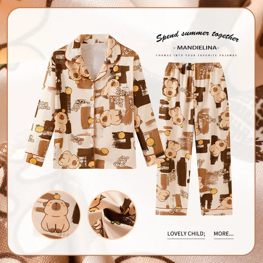 New Children's Capybara Pajamas Set for Spring Autumn Lapel Long Sleeves Girls Boys Loungewear Set For Older Kids Clothes Set
