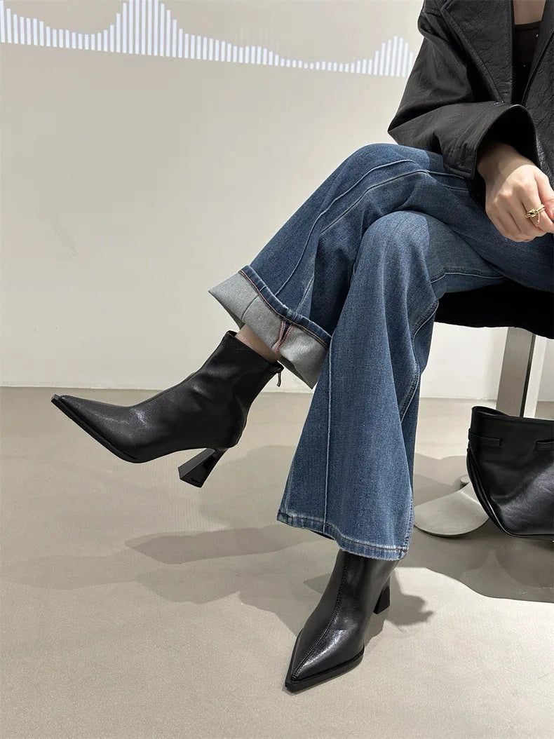 2025 Women Fashion Chelsea Ankle Boots Basic High Heels Boots Pointed Toe Shoes Women Band Non-slip Comfortable Boots 9989