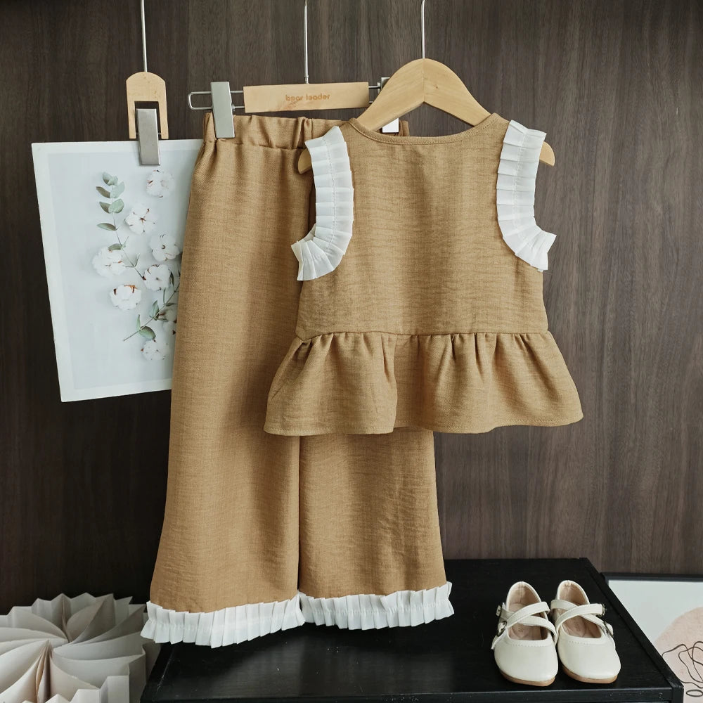 Bear Leader Korean Version Kids Clothes Girls Blue Imitation Denim Suit Summer New Sleeveless Top+Wide Leg Pants Two-piece Set