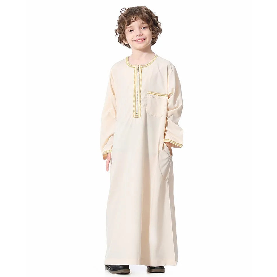 2025 New Children Thawb Teens Summer Muslim Robe Kids Arab Folk Clothes Boys Solid Color Thobe 5-14 Years National Outfit