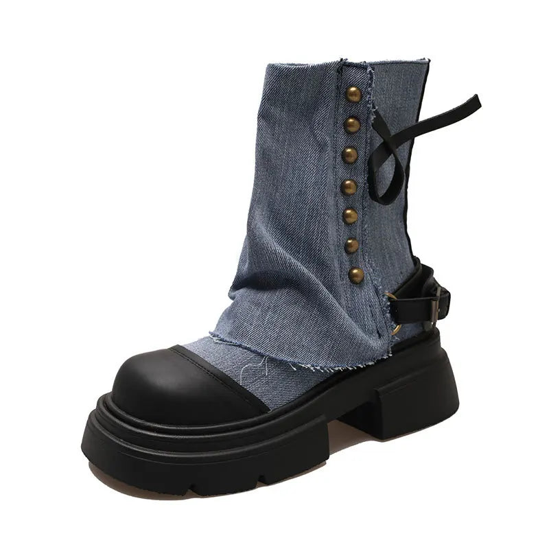 Women Boots British Fashion Pants Leg Boots  New Thick Soled Rivet Zipper Belt Buckle Platform Anti Slip Cowboy Short Boots