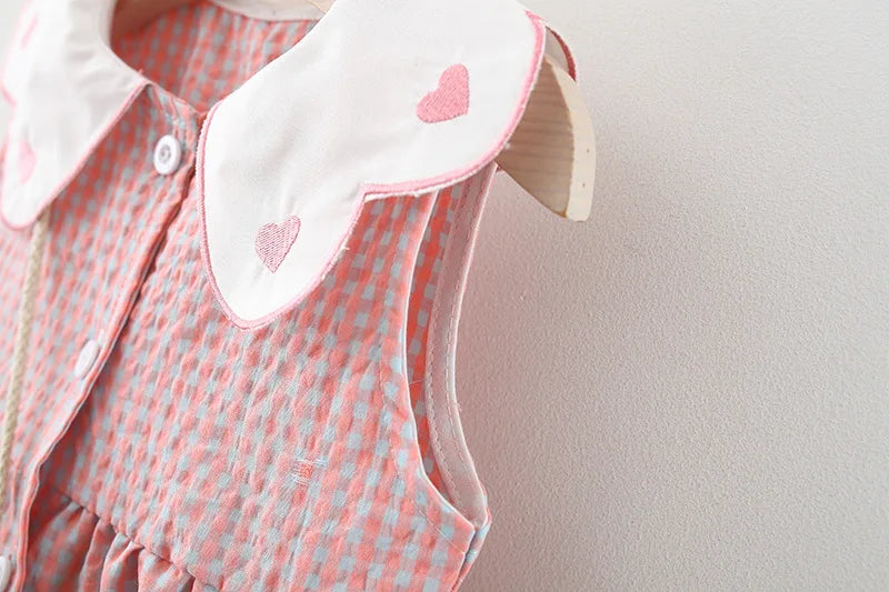 2 Pcs Summer New Dress Girl's Sleeveless Lace Heart Collar Sweet and Beautiful Plaid Button Cotton Cloth Dress