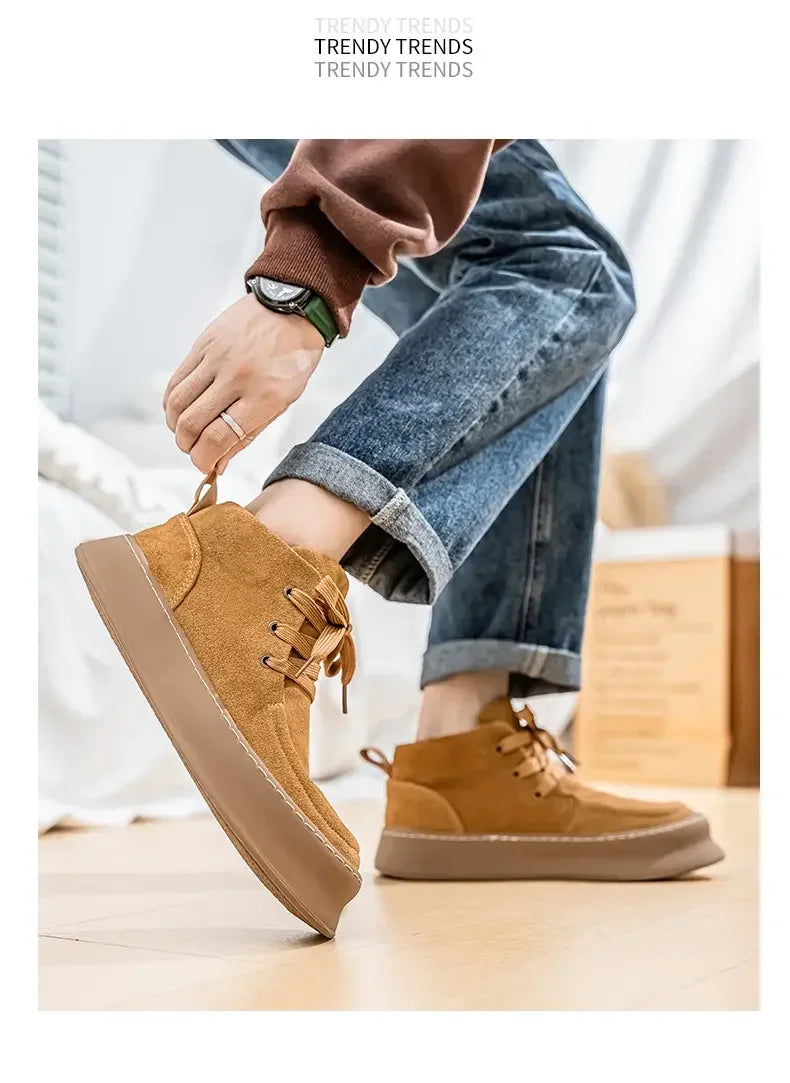 Men's High-top Boots in Solid Colors Flat Heels and Lace-up A Trendy Brand Design for The Four Seasons Fashion Walking Boots