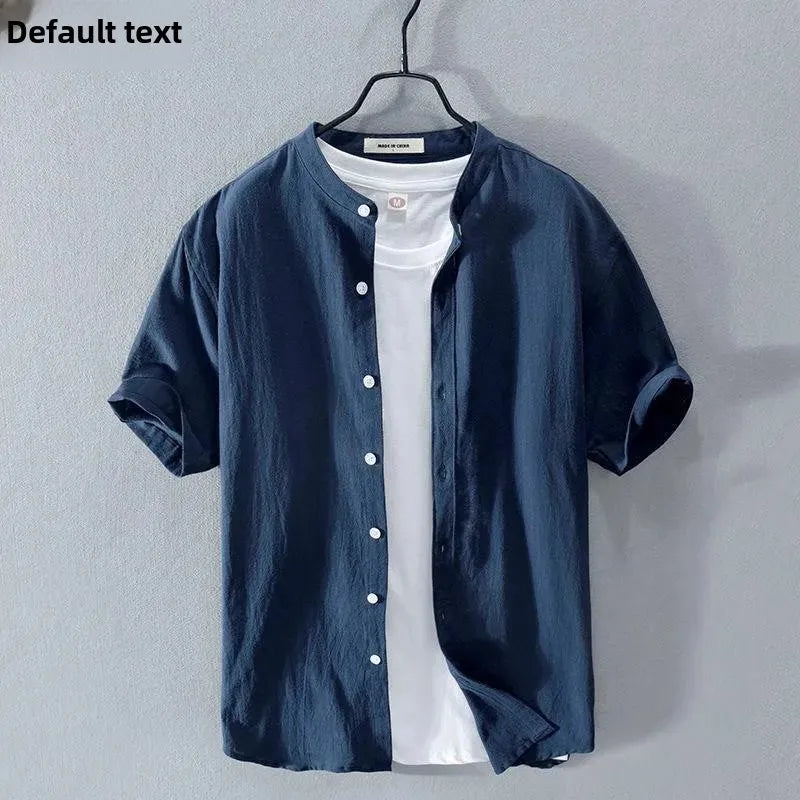 Japanese Style Loose Fit Lightweight Short Sleeve Linen Shirt round Neck Summer Casual Menswear White Cotton Linen Blend