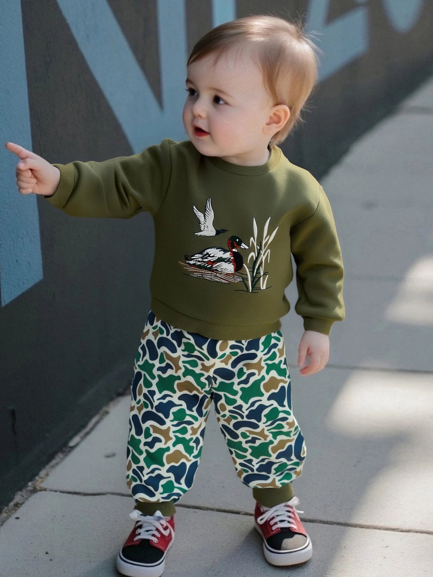 FOCUSNORM 0-4Y Casual Kids Boys Fall Clothes Sets Duck Embroidery Long Sleeve Round Neck Pullover + Camouflage Pants