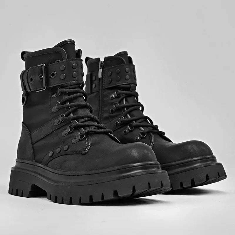 Men's High-Top Boots Retro British Style Black Tooling  Boots Fad Belt Buckle Designer Motorcycle Boot Man Casual Platform Boots