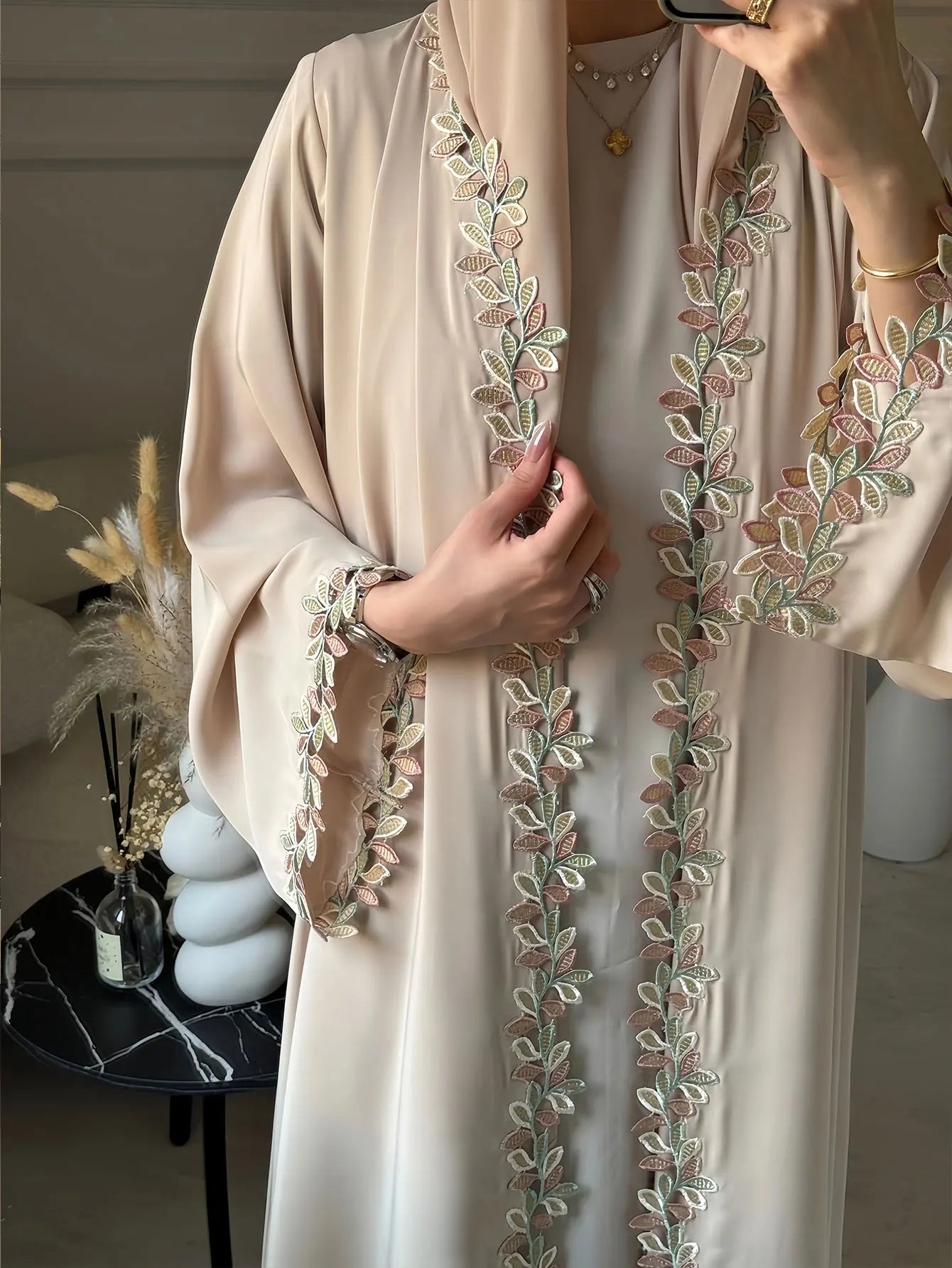 Dubai Elegant Beige Abaya for Muslim Women - Intricately Crafted with Multicolored Embroidery Piece in Islamic Modest Fashion