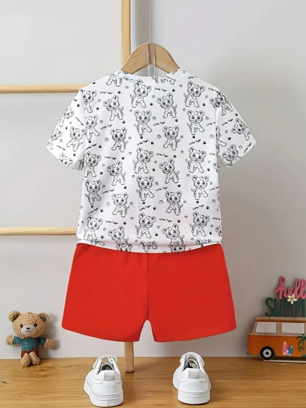 Toddler Tiger Graphic 2-Piece Outfit Set: White Cartoon Tiger T-Shirt + Red Shorts (0-3T) - Cute Kids Summer Casual Clothes