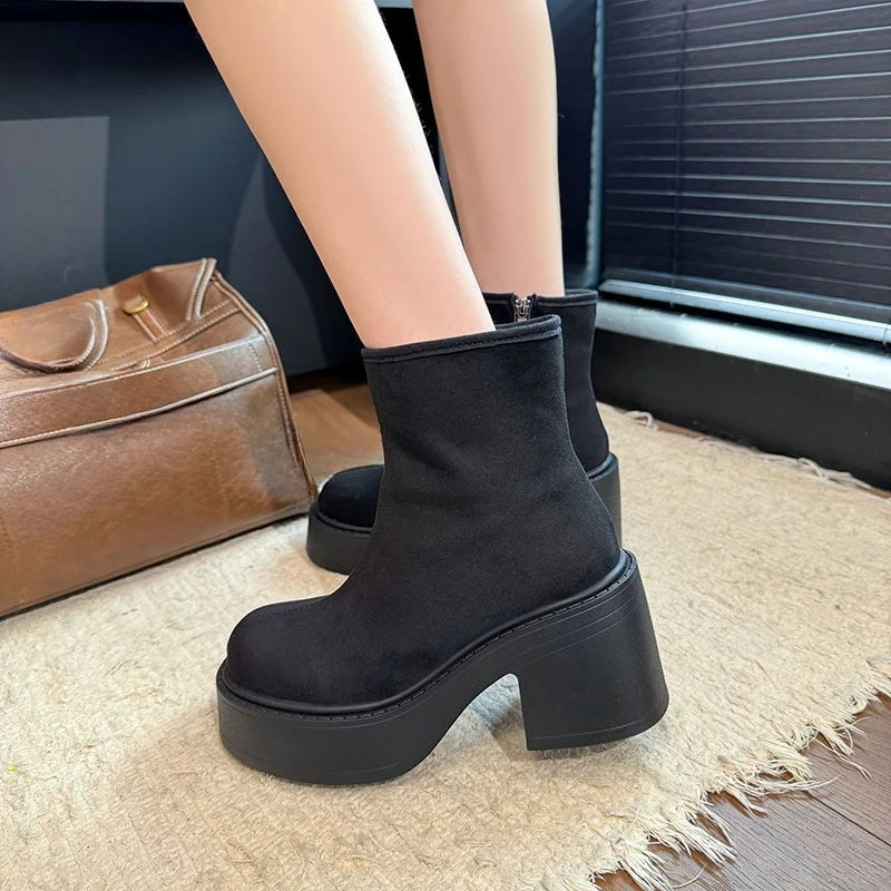 Block Heel Platform Single Boots Autumn New Round Toe Suede Side Zipper Anti-Slip Wear-Resistant Short Boots
