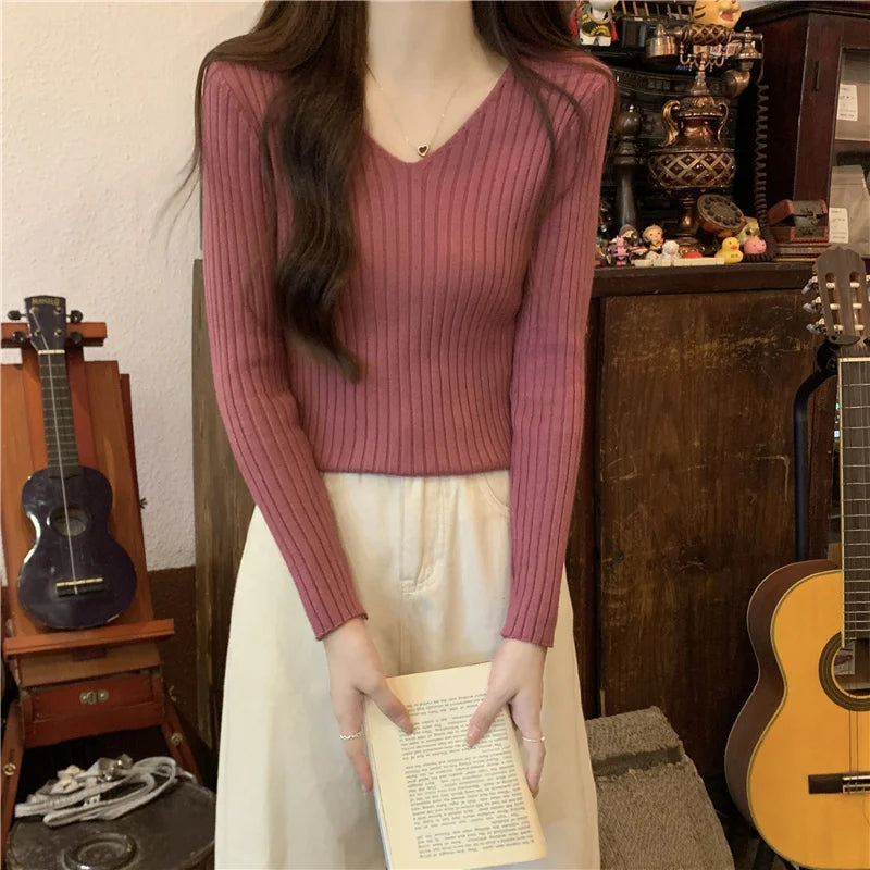 2026 Fashion Casual Long Sleeve Knitted Sweaters Korean Autumn Winter V Neck Sweater Solid Color Slim Pullovers Women Clothes